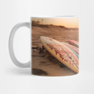 Surf School and Surfboards on the sunset beach sand Mug